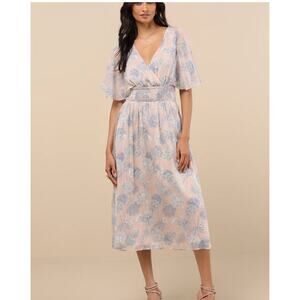 Lulu's Subtle Romance Beige Floral Ruffled Midi Dress Size L (Estimated)